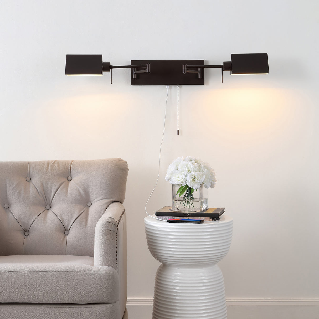 Arlo 2-Light Farmhouse Industrial Double Swing Arm Iron LED Wall Sconce with Pull-Chain USB Charging Port