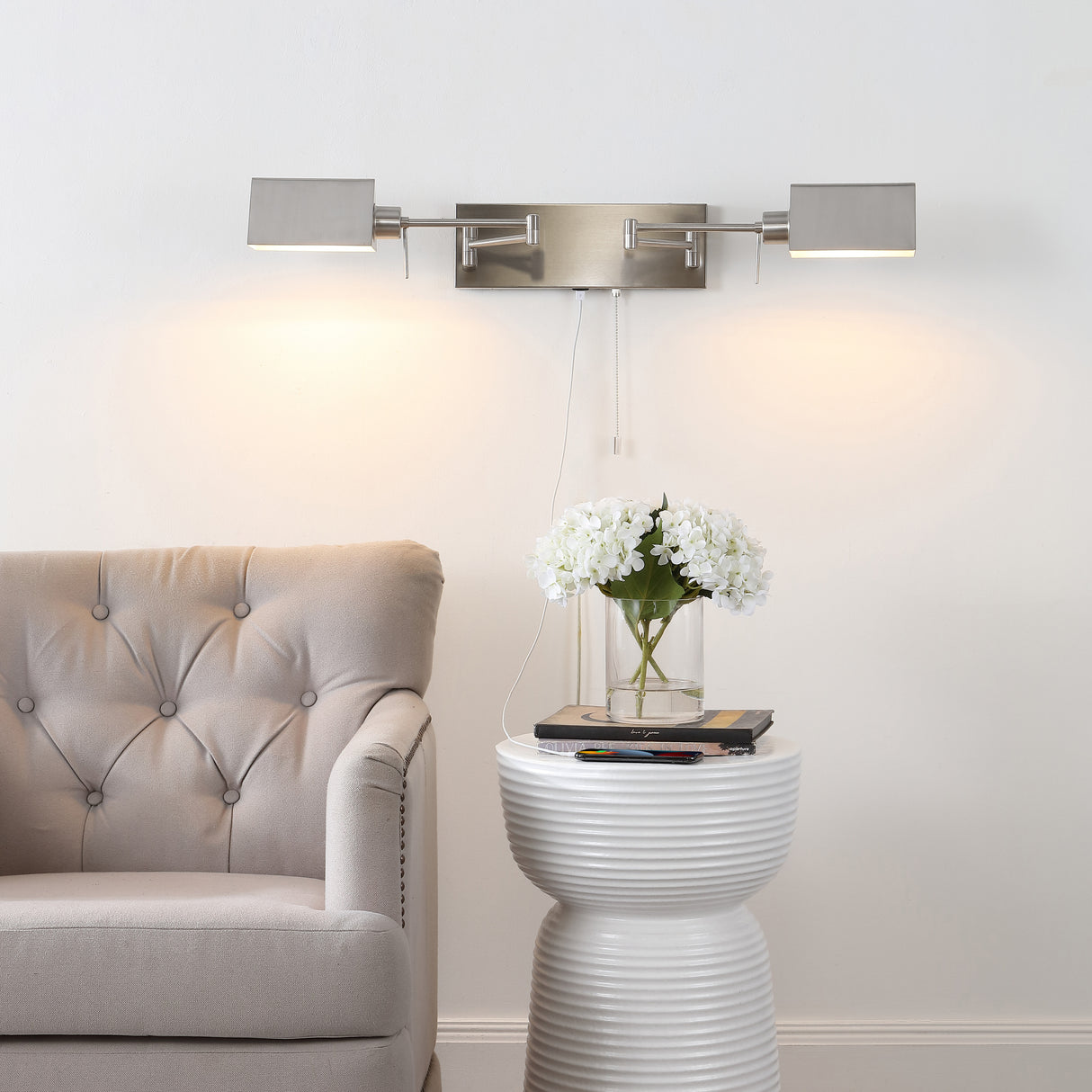 Arlo 2-Light Farmhouse Industrial Double Swing Arm Iron LED Wall Sconce with Pull-Chain USB Charging Port