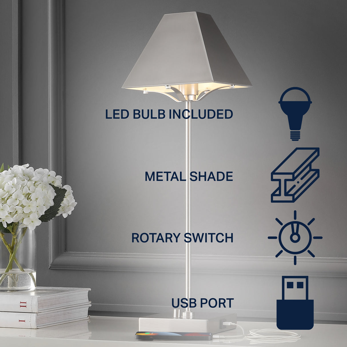 Ruthen Industrial Style Iron Pyramid Bedside LED Table Lamp with USB Charging Port