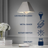 Ruthen Industrial Style Iron Pyramid Bedside LED Table Lamp with USB Charging Port