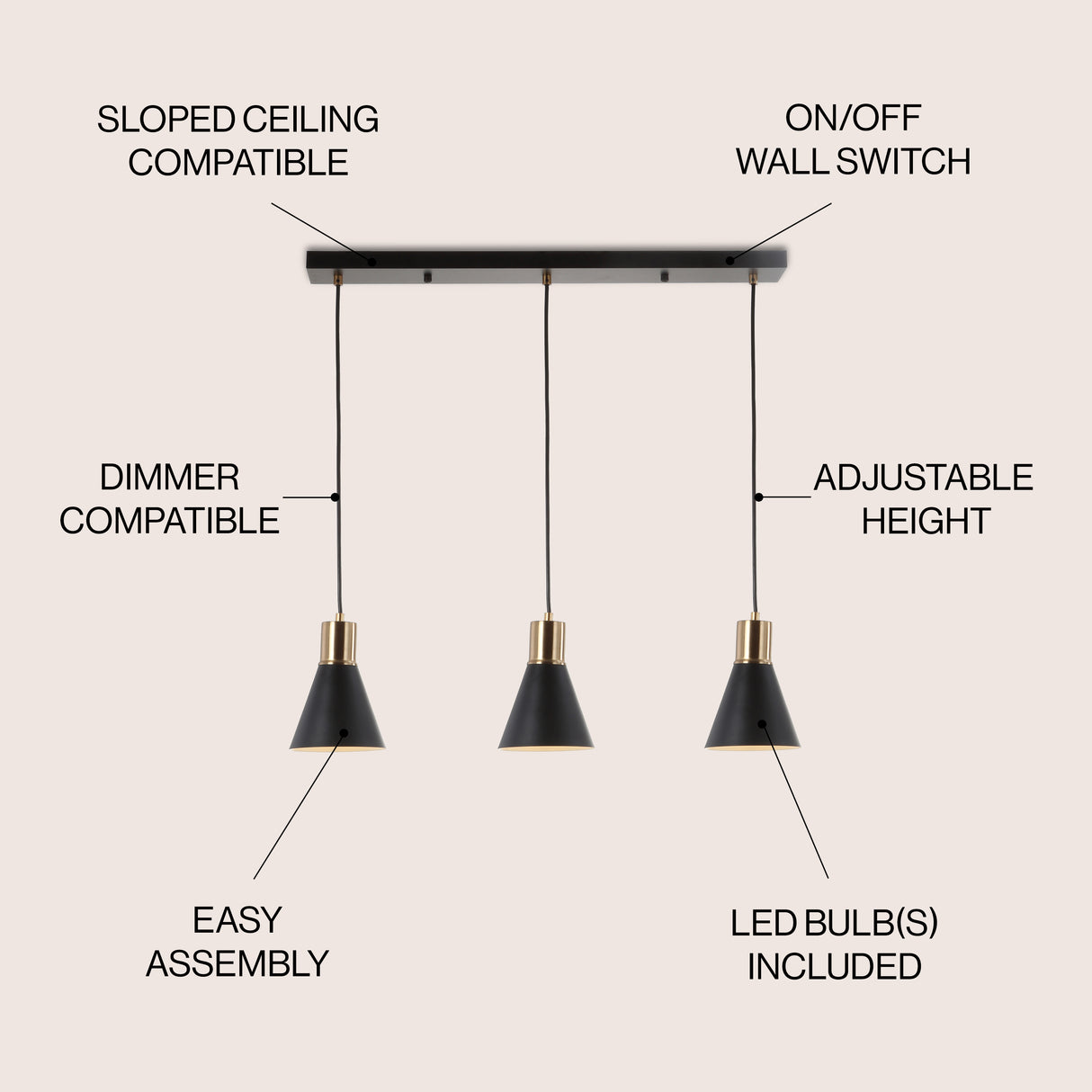 Apollo 3-Light Mid-Century Modern Iron Adjustable Linear LED Pendant