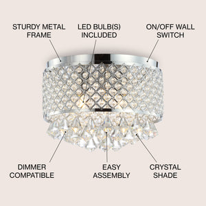 Evelyn 3-light crystal drops/metal led flush mount
