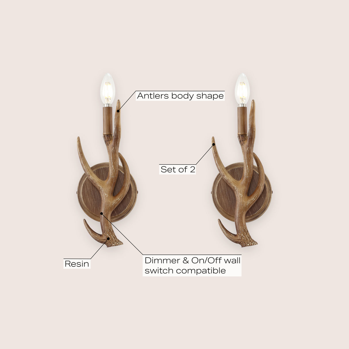 Cody 1-light southwestern bohemian resin/iron faux antler led sconce