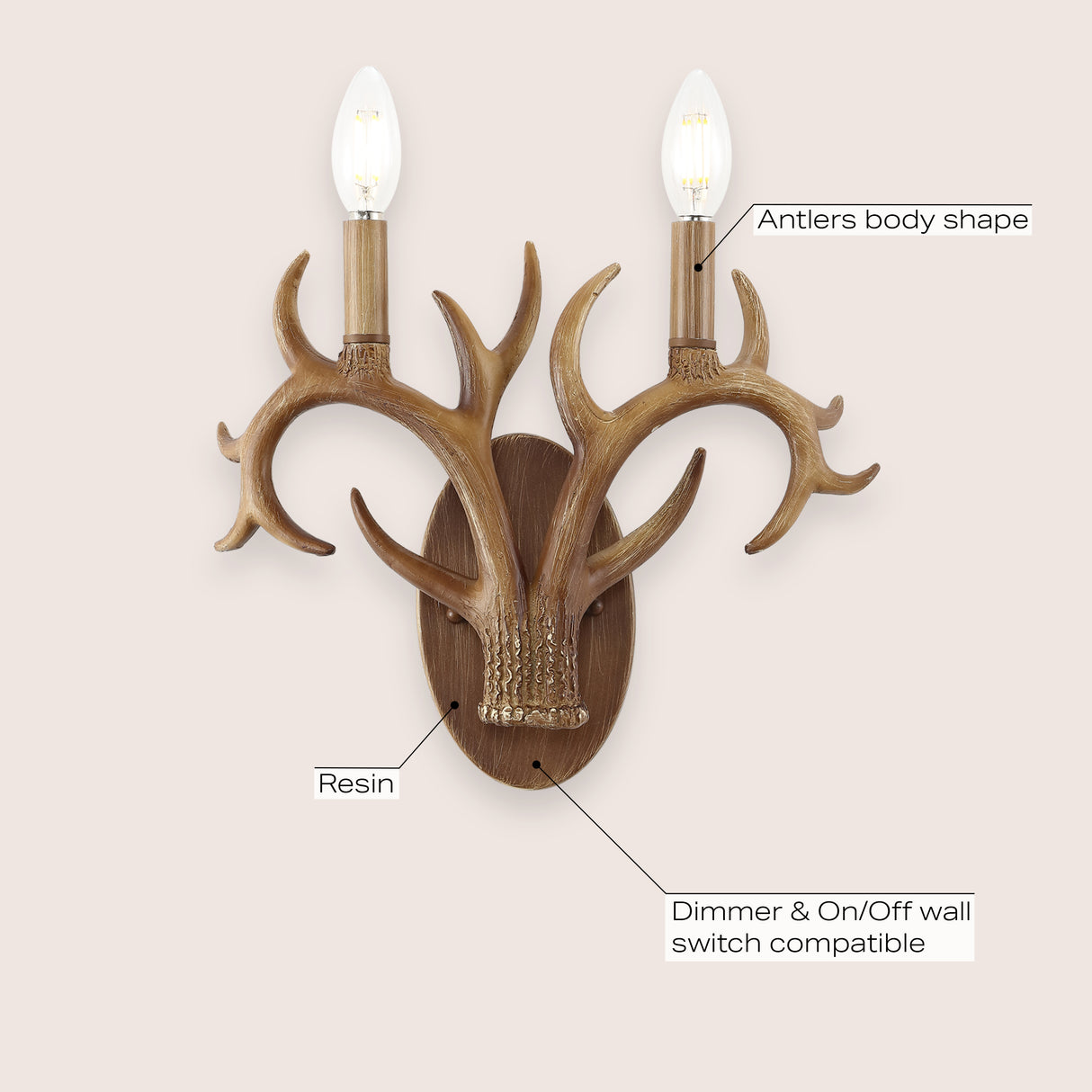 Oakley 2-light southwestern bohemian resin/iron faux antler led sconce