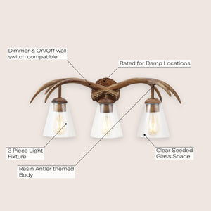 Wyatt 3-Light Southwestern Bohemian Resin/Seeded Glass Faux Antler LED Vanity Light