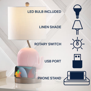 Ellie Bohemian Designer Iron/Resin Elephant LED Kids' Table Lamp with Phone Stand and USB Charging Port