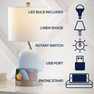 Ellie Bohemian Designer Iron/Resin Elephant LED Kids' Table Lamp with Phone Stand and USB Charging Port