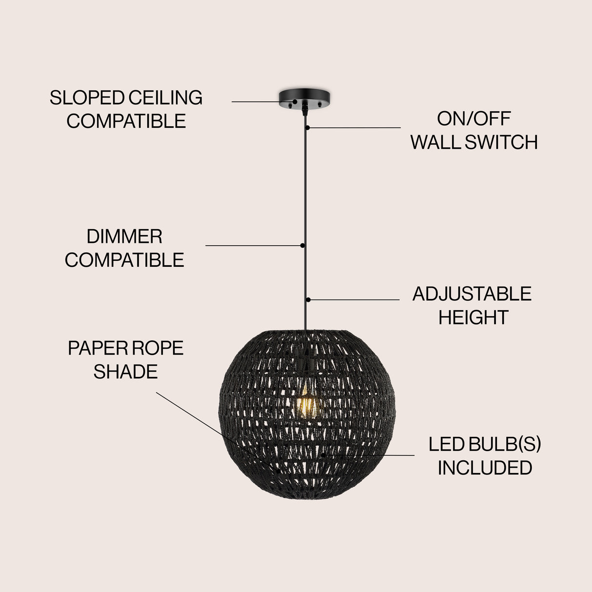 Luna 1-Light Bohemian Modern Woven Rattan/Iron LED Pendant