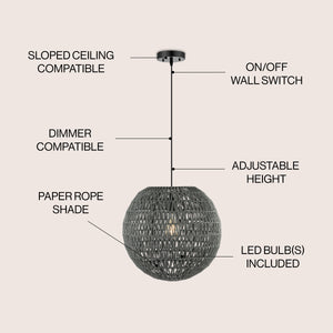 Luna 1-Light Bohemian Modern Woven Rattan/Iron LED Pendant