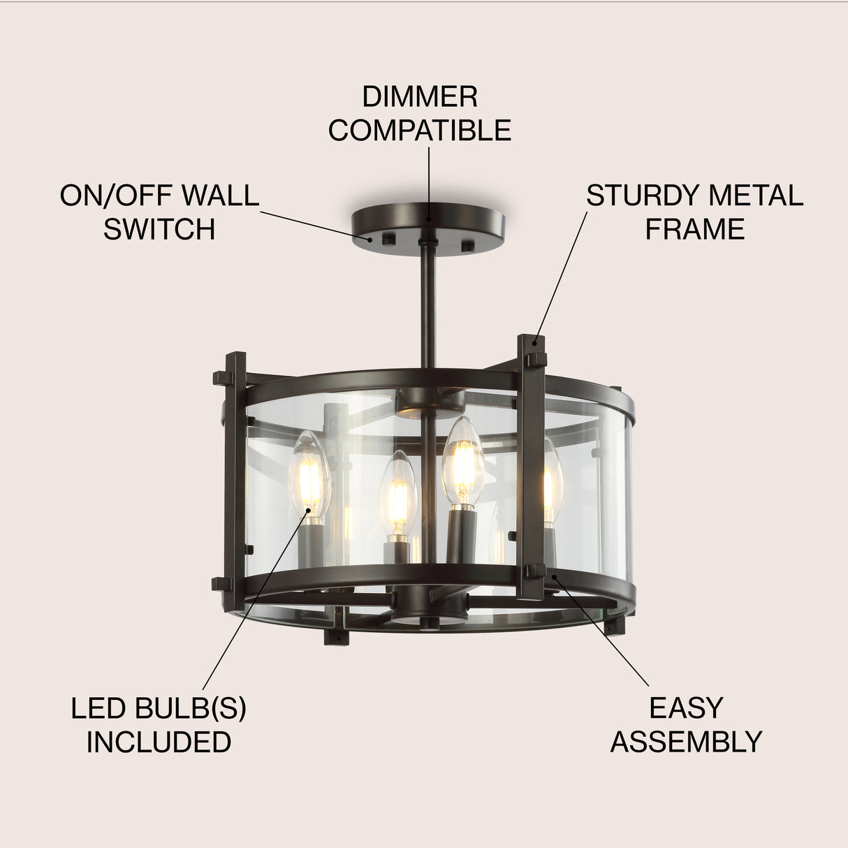 Hampdon Iron/Glass Modern Drum LED Flush Mount