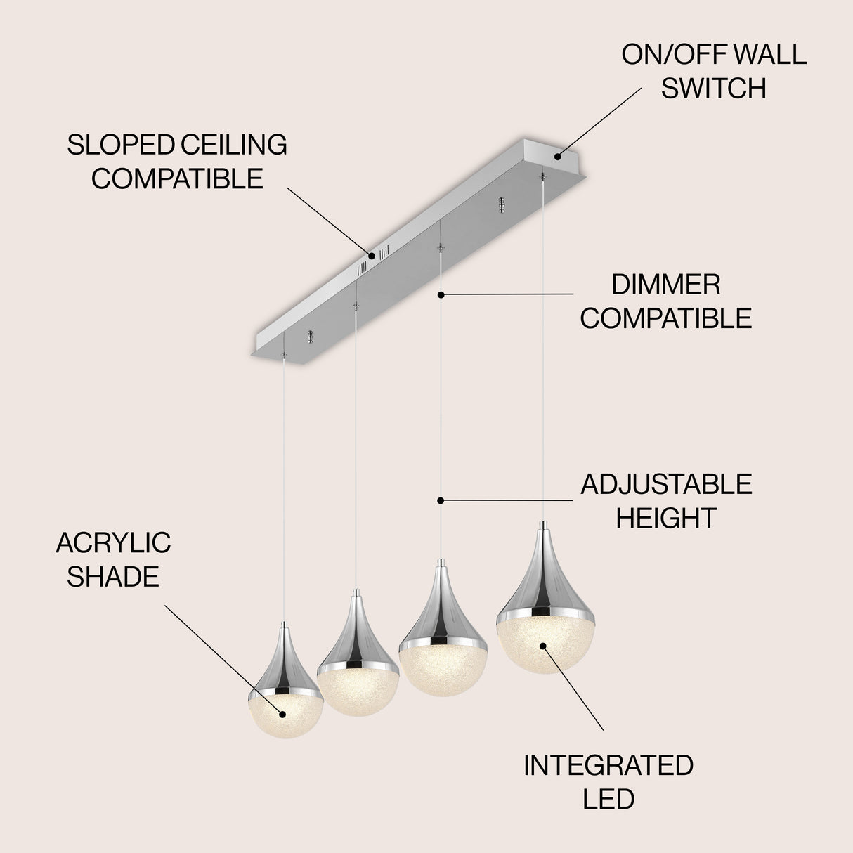 Elena 4-Light Modern Mid-Century Iron/Acrylic Integrated Linear LED Pendant