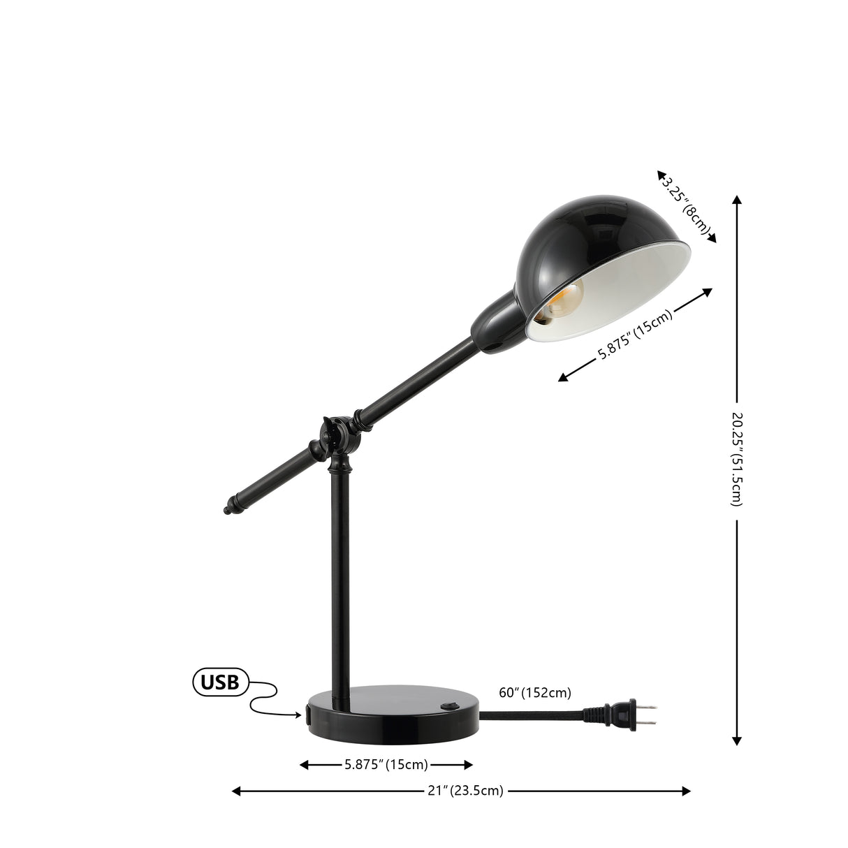 Curtis Vintage Industrial Iron Adjustable Dome Shade LED Task Lamp with USB Charging Port