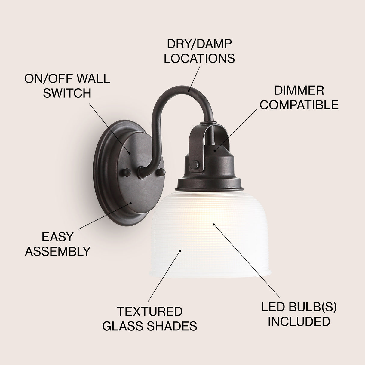 Virginia 1-Light Metal/Glass LED Vanity Light