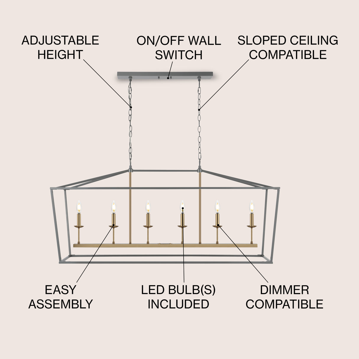 Pagoda Linear 6-Bulb Classic Traditional Metal LED Pendant