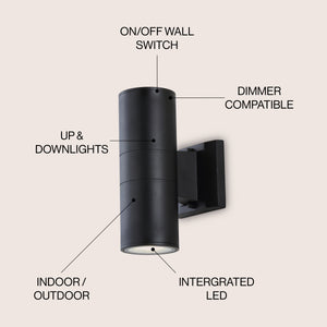 Duo 2-Light Modern Midcentury Cylinder Outdoor Metal/Glass Integrated LED Wall Sconce with Uplight