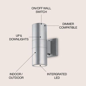Duo 2-Light Modern Midcentury Cylinder Outdoor Metal/Glass Integrated LED Sconce with Uplight