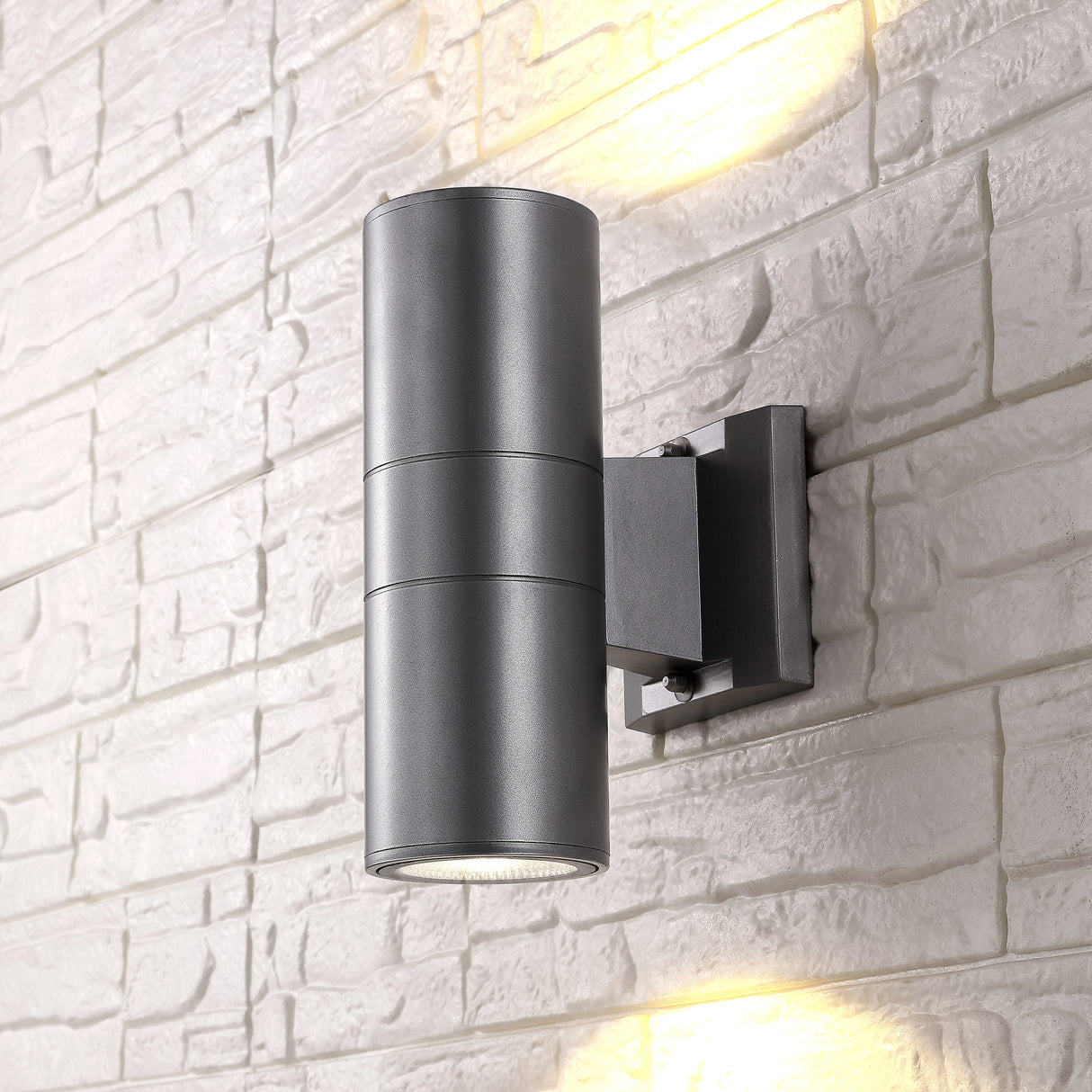 Duo-2-Light-Modern-Midcentury-Cylinder-Outdoor-Metal/Glass-Integrated-LED-Sconce-with-Uplight-Wall-Sconces