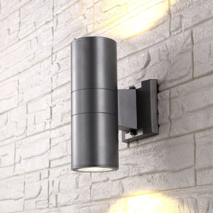 Duo-2-Light-Modern-Midcentury-Cylinder-Outdoor-Metal/Glass-Integrated-LED-Sconce-with-Uplight-Wall-Sconces