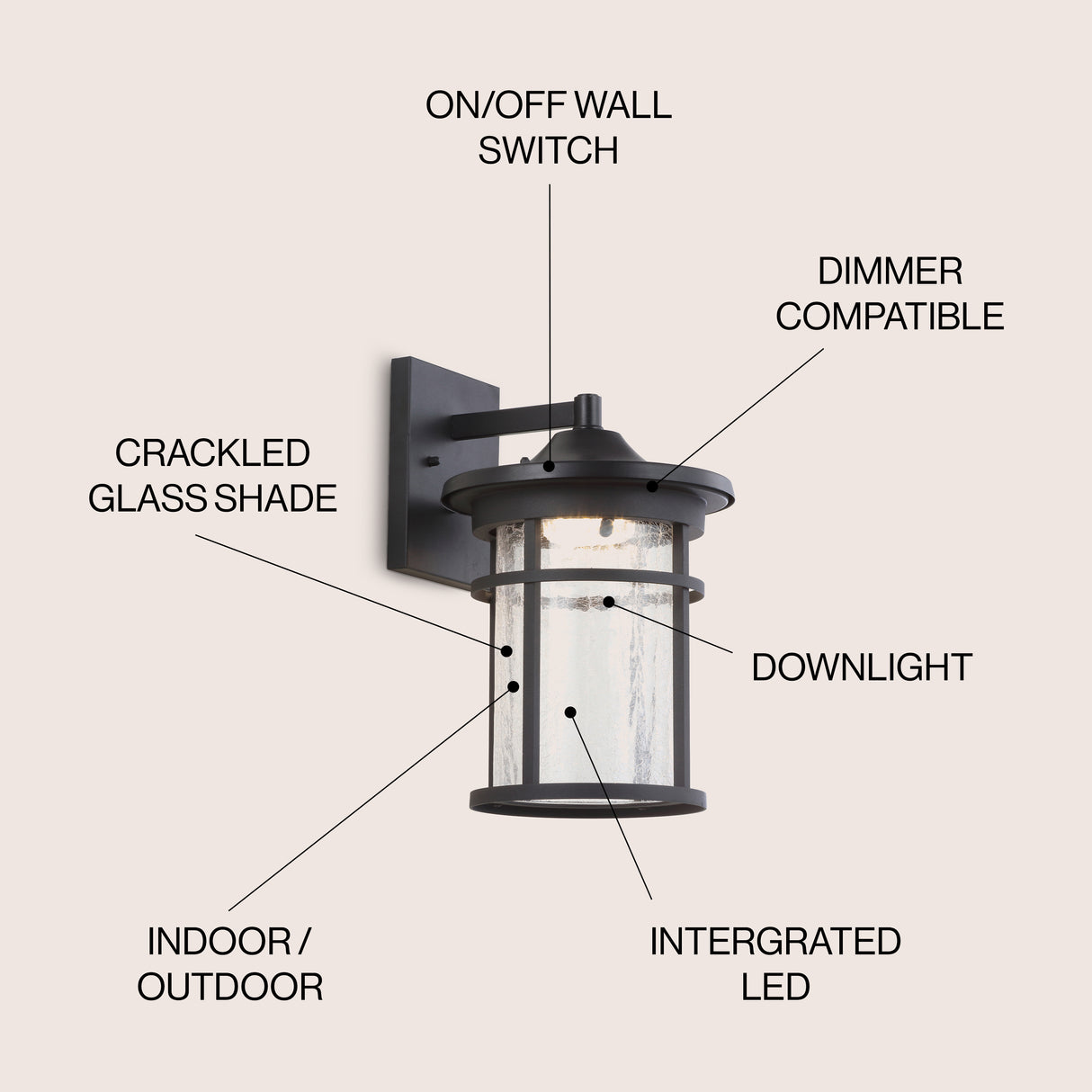 Porto Outdoor Wall Lantern Crackled Glass/Metal Integrated LED Wall Sconce