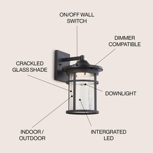 Porto Outdoor Wall Lantern Crackled Glass/Metal Integrated LED Wall Sconce