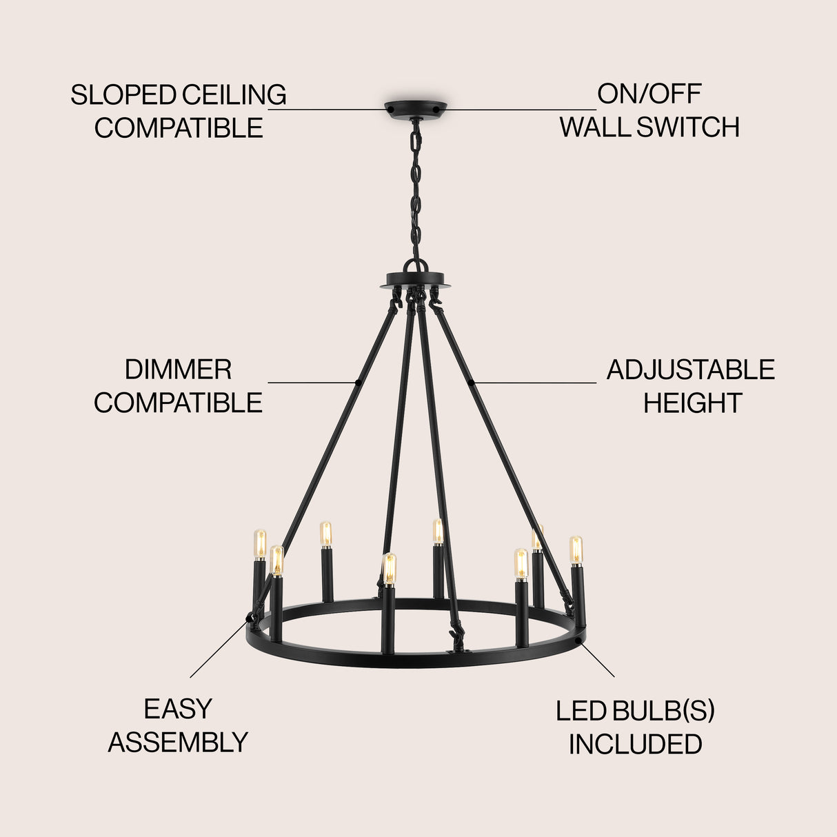Oberto 8-Light Iron Rustic Farmhouse LED Chandelier