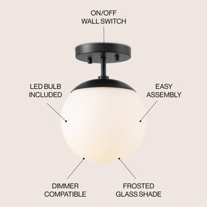 Marcel 1-light bohemian farmhouse iron/frosted glass led semi flush mount