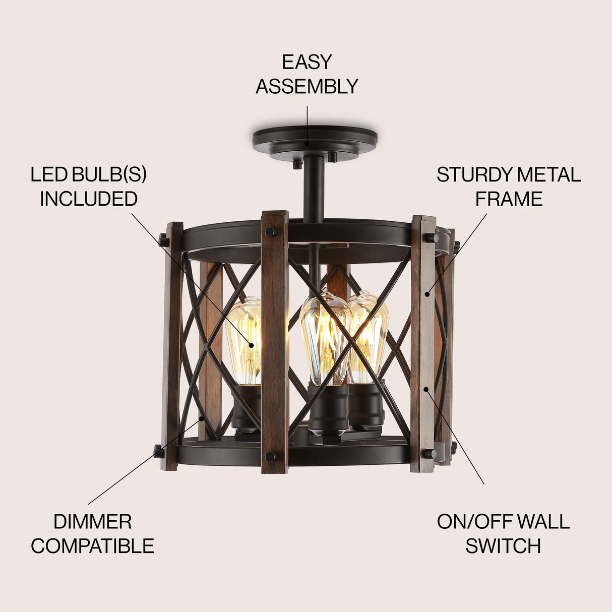 Ferme 3-Light Iron Rustic Farmhouse LED Flush Mount