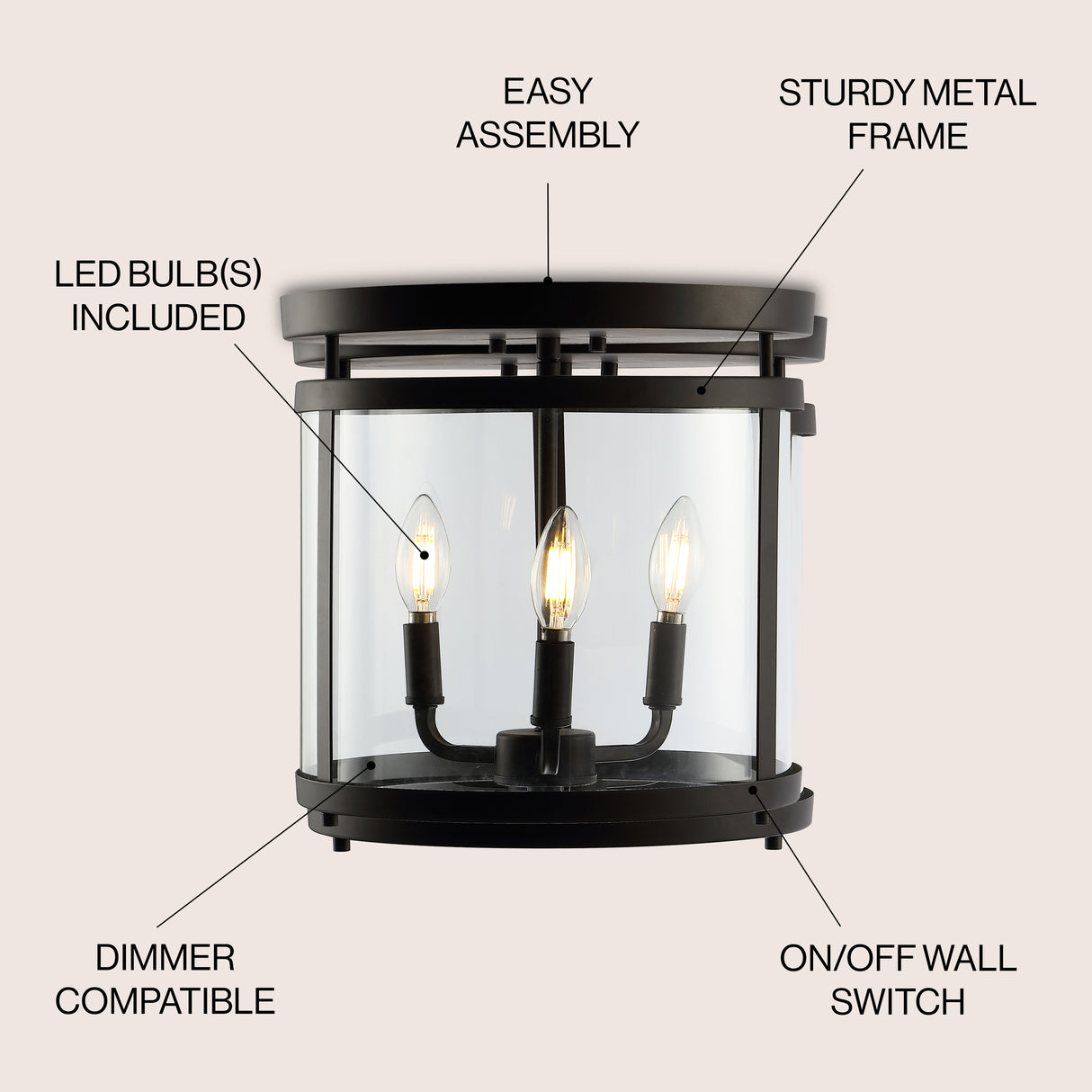 Ciel 3-Light Metal/Glass Rustic Vintage LED Flush Mount