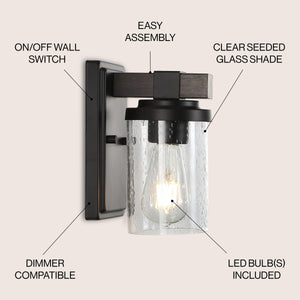Bungalow 1-Light Iron/Seeded Glass Rustic Farmhouse LED Vanity Light