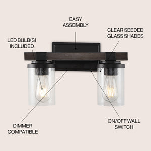 Bungalow 2-Light Iron/Seeded Glass Rustic Farmhouse LED Vanity Light