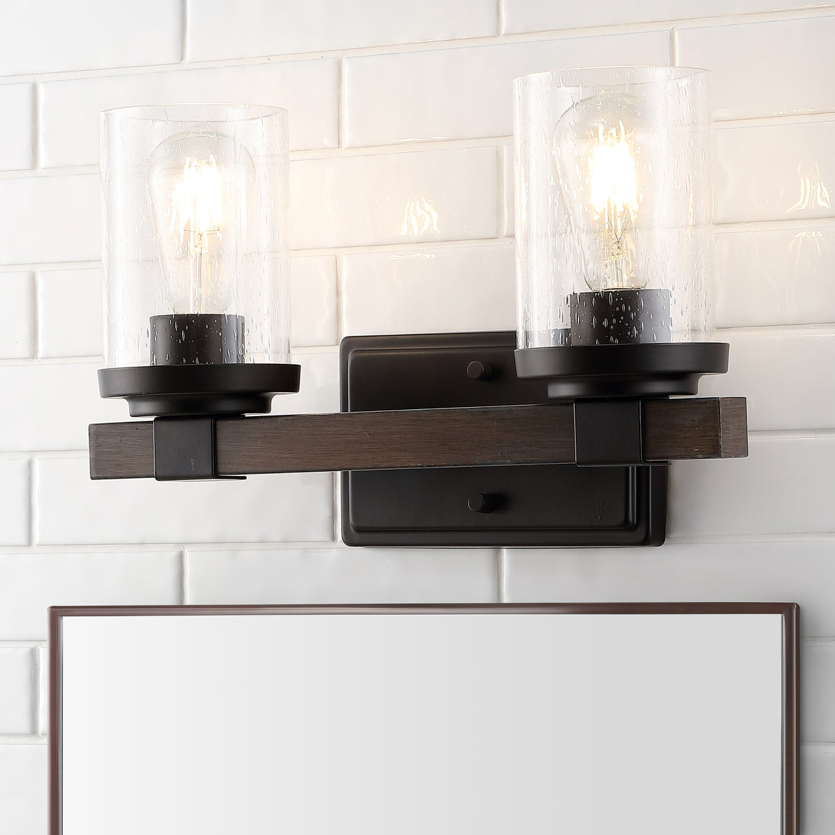 Bungalow-2-Light-Iron/Seeded-Glass-Rustic-Farmhouse-LED-Vanity-Light-Bathroom-Vanity-Lights