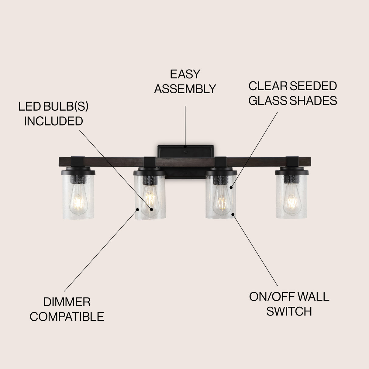 Bungalow 4-Light Iron/Seeded Glass Rustic Farmhouse LED Vanity Light