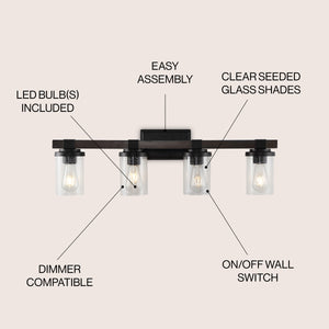Bungalow 4-Light Iron/Seeded Glass Rustic Farmhouse LED Vanity Light