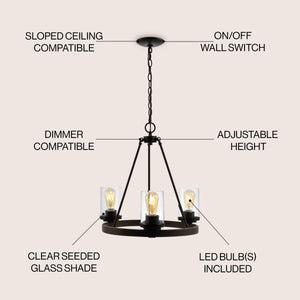 Coronet 3-Light Iron/Seeded Glass Rustic Farmhouse LED Chandelier