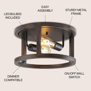Atelier 2-Light Iron Rustic Industrial LED Flush Mount