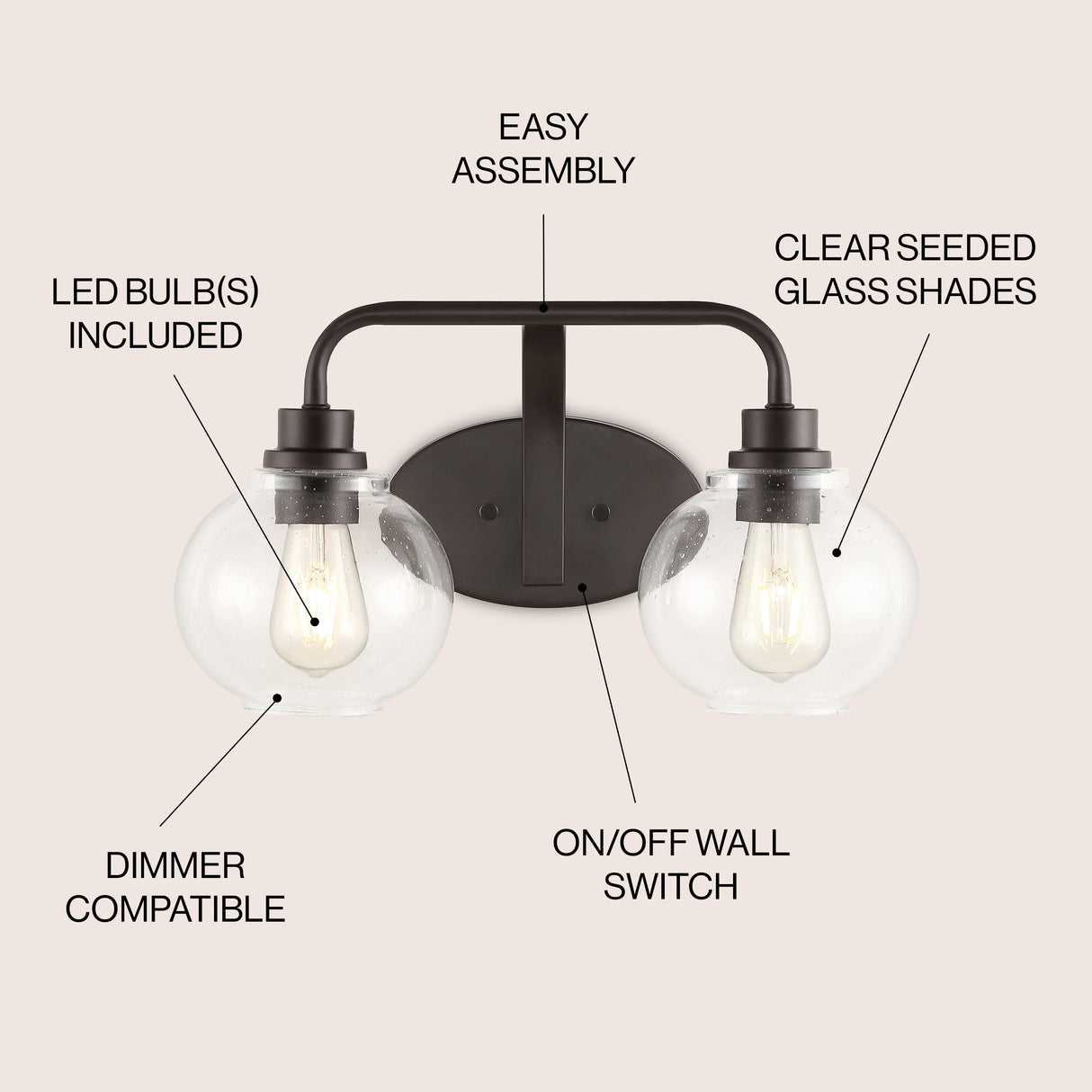 Sandrine 2-Light Iron/Seeded Glass Cottage Rustic LED Vanity Light