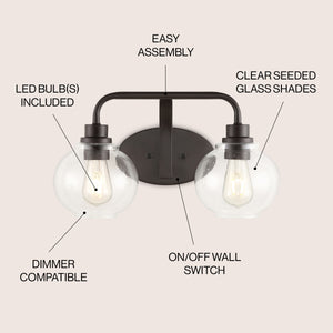 Sandrine 2-Light Iron/Seeded Glass Cottage Rustic LED Vanity Light
