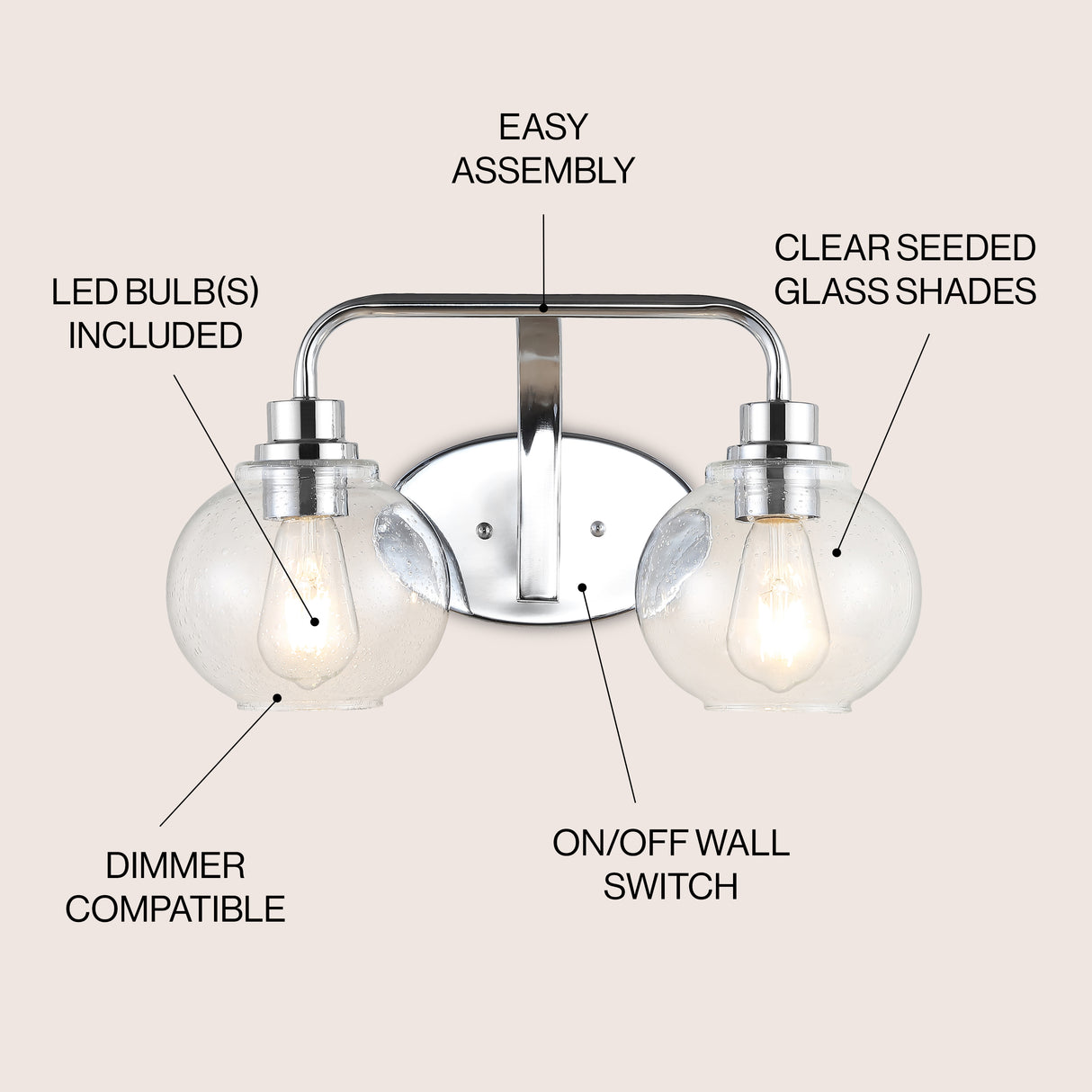 Sandrine 2-Light Iron/Seeded Glass Cottage Rustic LED Vanity Light