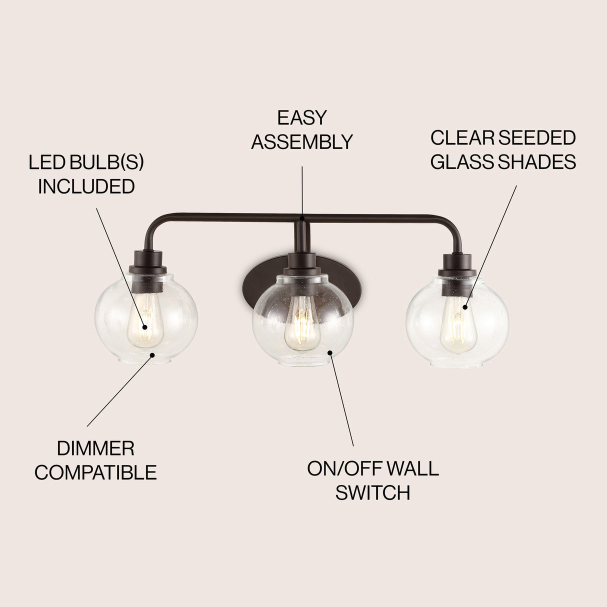 Sandrine 3-Light Iron/Seeded Glass Cottage Rustic LED Vanity Light