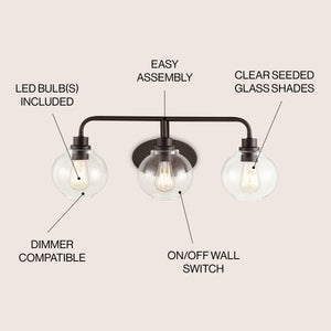 Sandrine 3-Light Iron/Seeded Glass Cottage Rustic LED Vanity Light
