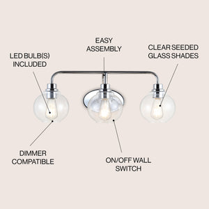 Sandrine 3-Light Iron/Seeded Glass Cottage Rustic LED Vanity Light