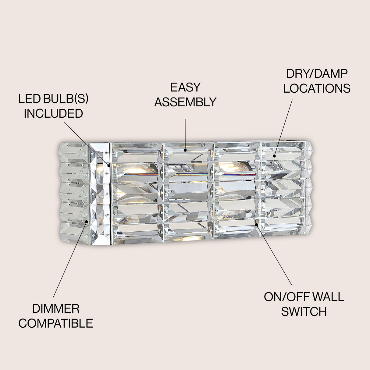 Evelyn 2-Light Iron/Crystal Glam Modern LED Vanity Light