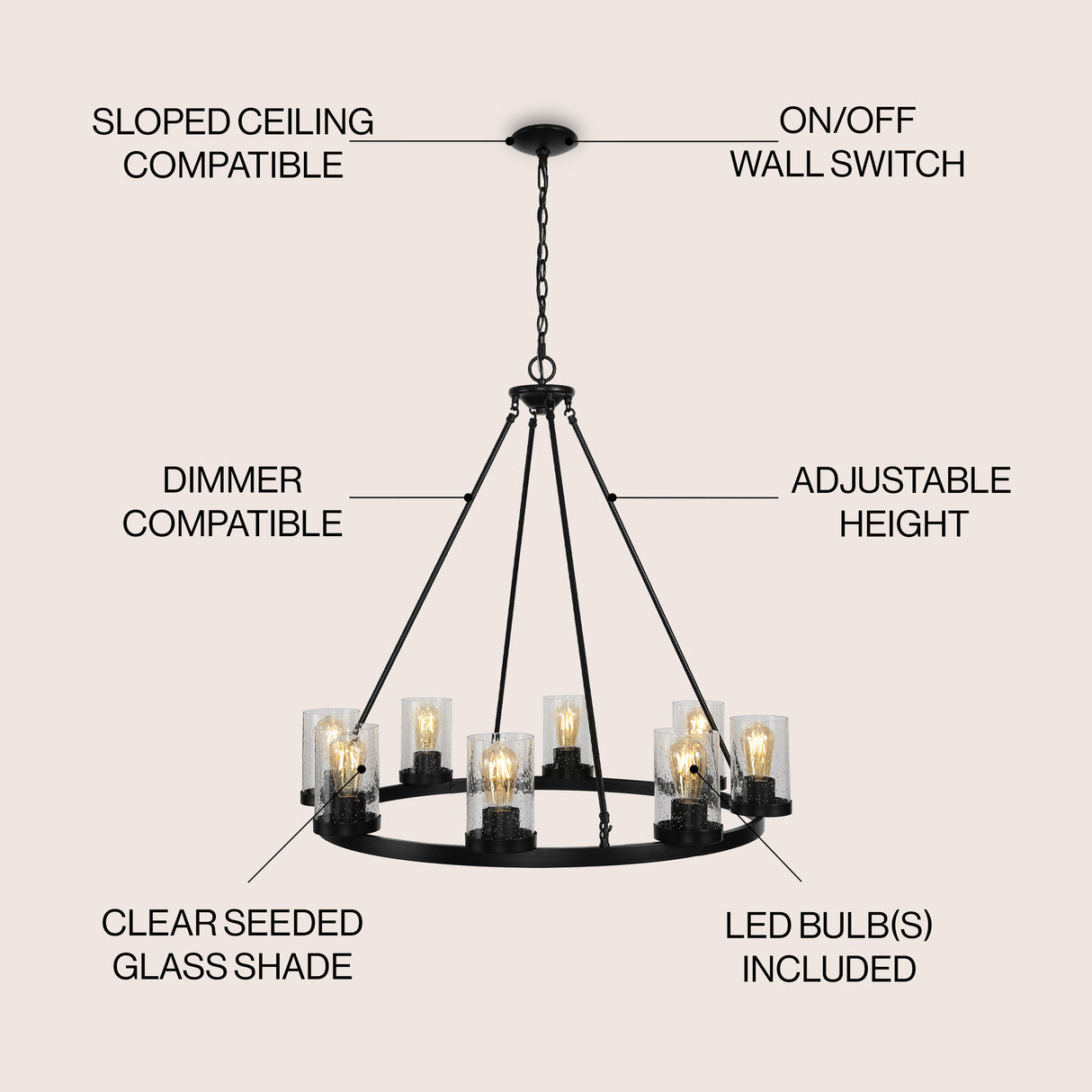 Pablo 8-Light Iron/Seeded Glass Bohemian Cottae LED Chandelier