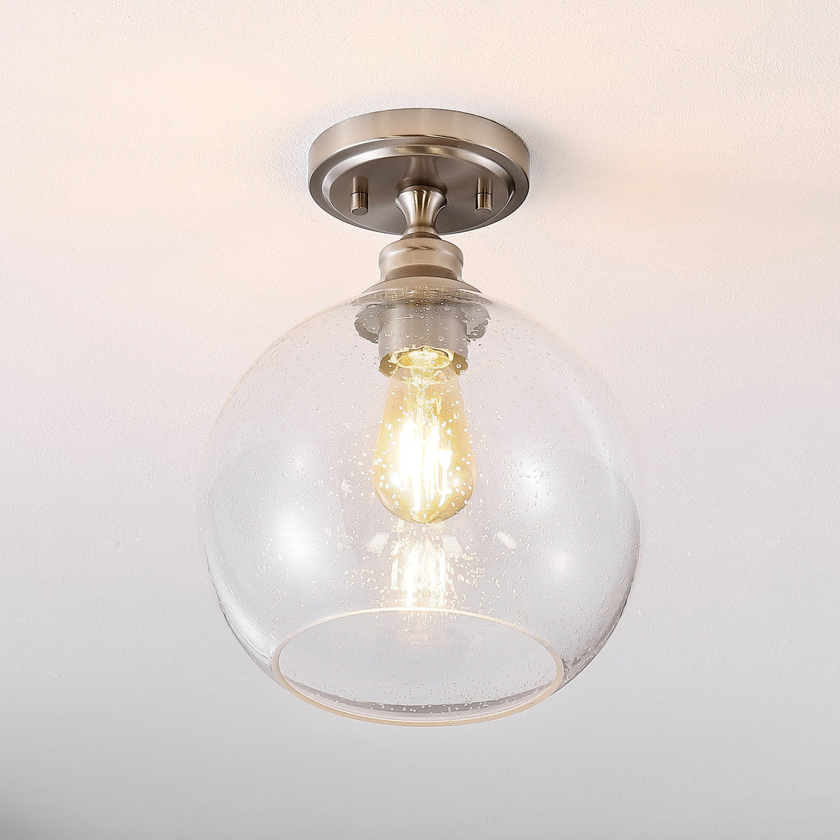 Marla 1-Light Bohemian Farmhouse Iron/Seeded Glass LED Semi Flush Mount