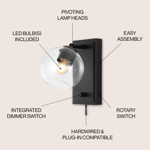 Hugo 1-Light Minimalist Modern Plug-In or Hardwired Adjustable Iron LED Wall Sconce with Rotary Dimmer