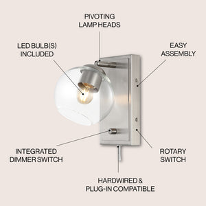 Hugo 1-Light Minimalist Modern Plug-In or Hardwired Adjustable Iron LED Wall Sconce with Rotary Dimmer