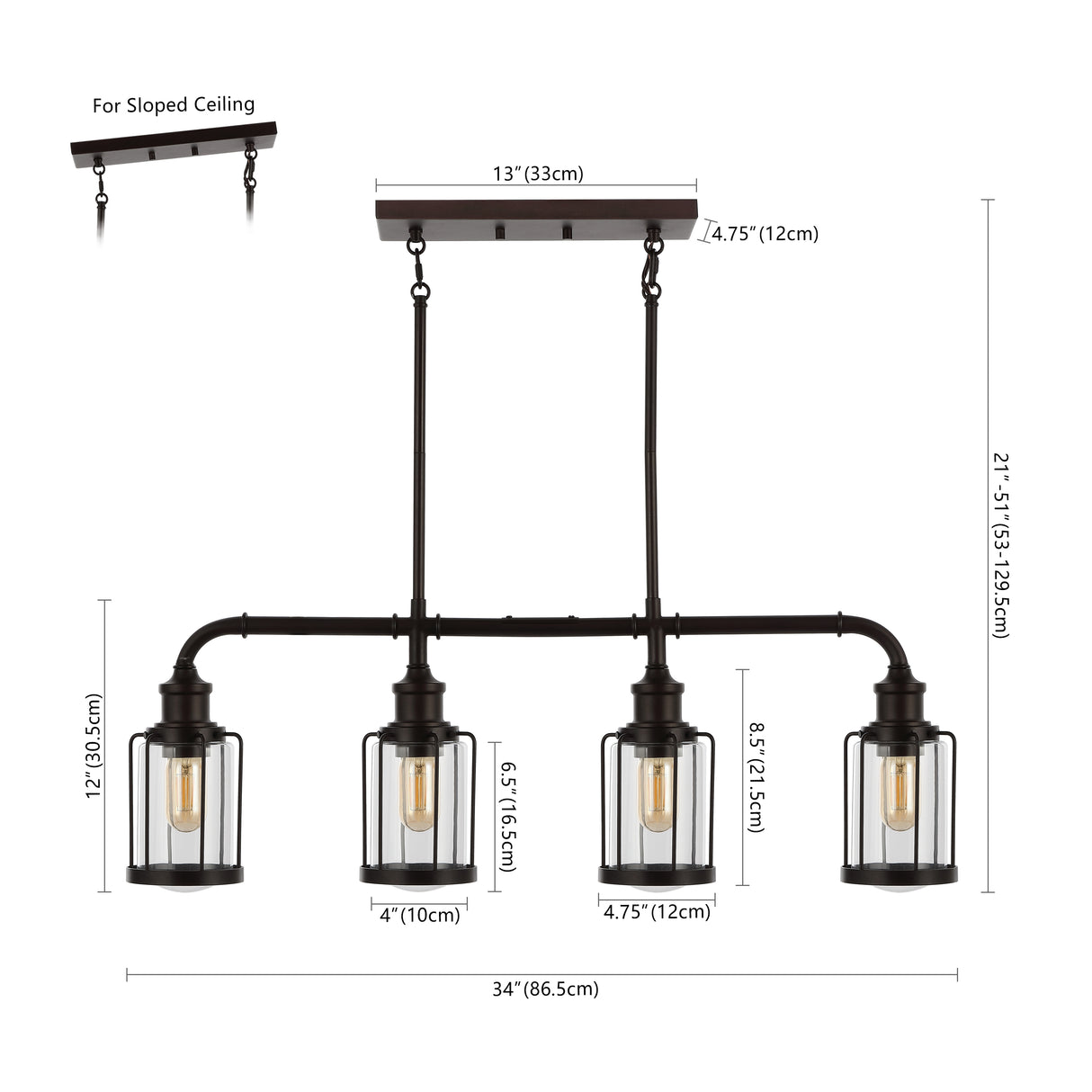 Abbott 4-light farmhouse industrial iron/glass linear led pendant