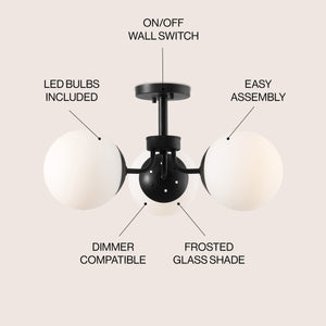 Olivier 3-light bohemian farmhouse iron/frosted glass led semi flush mount