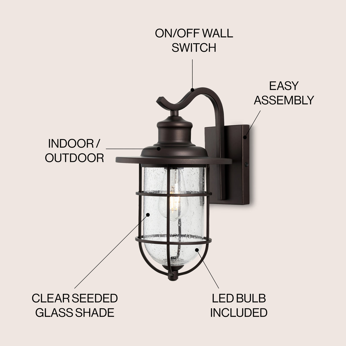 Westfield 1-Light Iron/Seeded Glass Rustic Industrial Cage LED Outdoor Sconce
