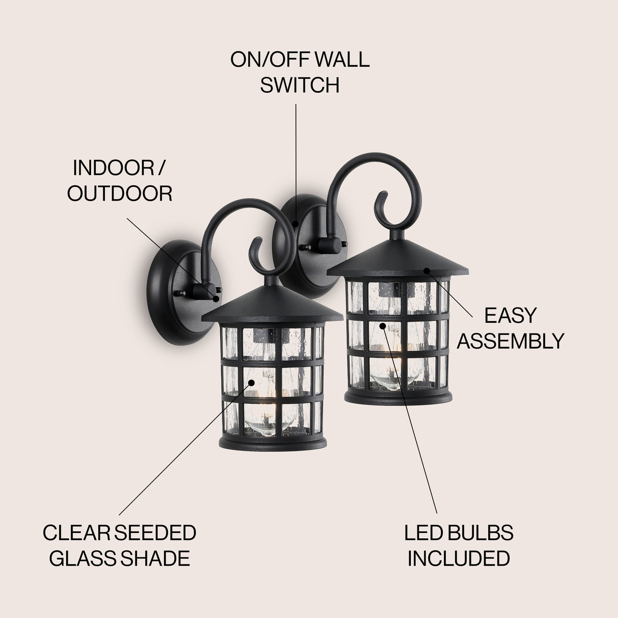 Cadiz 1-Light Iron/Seeded Glass Cottage Rustic Scrolled Lantern LED Outdoor Sconce
